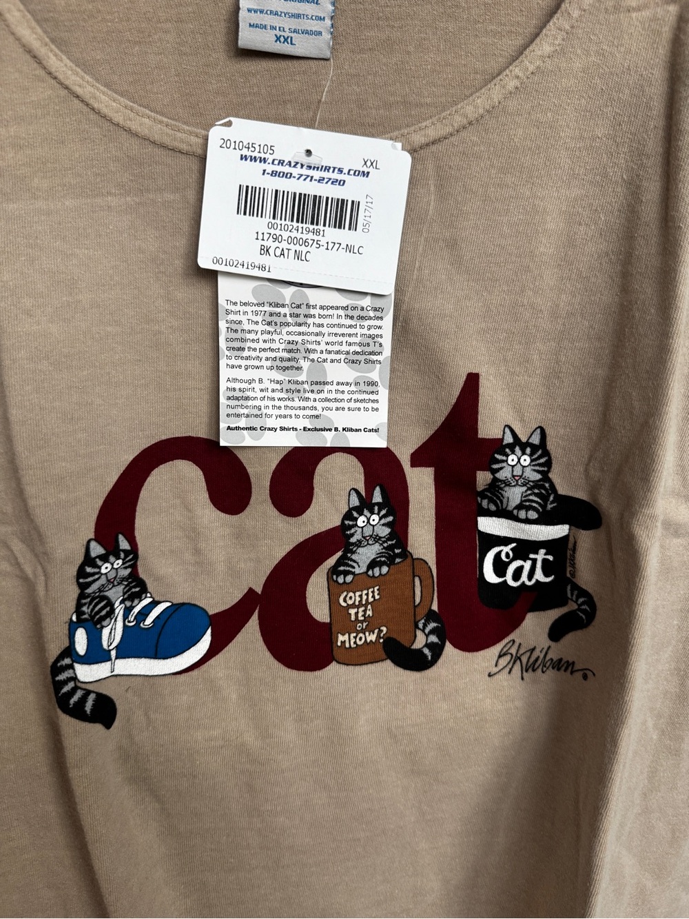 NEW NWT XXL B. Kliban Hawaii Crazy Shirts Hawaii Cat Tee Coffee Sneaker Shirt - Picture 4 of 13